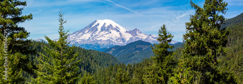 Panoramic image of Mount Rainier National Park in the state of Washington in August photo