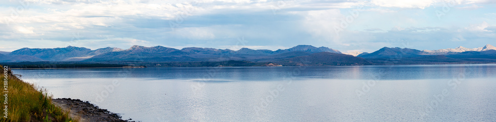 Panoramic image of Yellowstone lake in Wyoming