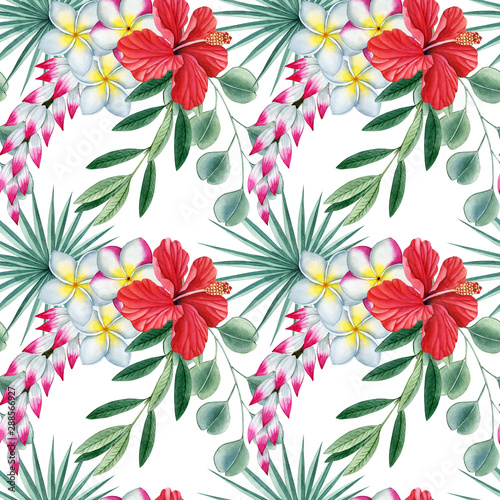 Tropical seamless pattern with palm leaf  eucalyptus branch  hibiscus red flower  can be used as print  fabric  textile  packaging design  element design  invitation  wrapping paper.