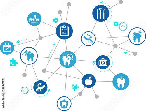 dental care / dentistry / oral hygiene / dental treatment icon concept: connected dental health symbols - vector illustration