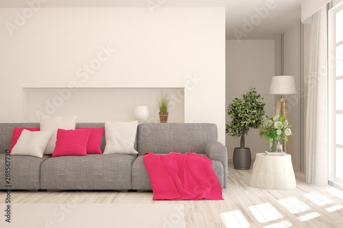 Stylish room in white color with sofa. Scandinavian interior design. 3D illustration