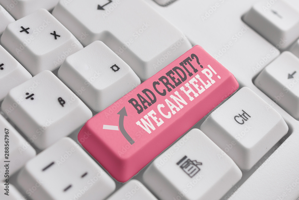 Word writing text Bad Credit Question We Can Help. Business photo showcasing offering help after going for loan then rejected White pc keyboard with empty note paper above white background key copy Word writing text Bad Credit Question We Can Help. Business photo showcasing offering help after going for loan then rejected White pc keyboard with empty note paper above white background key copy