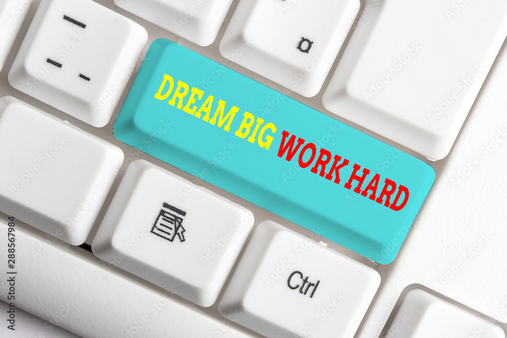 Text sign showing Dream Big Work Hard. Business photo showcasing Believe in yourself and follow the dreams and goals White pc keyboard with empty note paper above white background key copy space Text sign showing Dream Big Work Hard. Business photo showcasing Believe in yourself and follow the dreams and goals White pc keyboard with empty note paper above white background key copy space