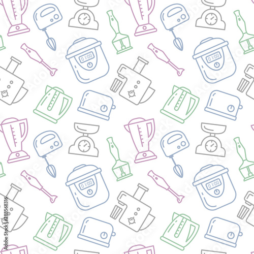 seamless pattern with diverse kitchen appliances in linear style
