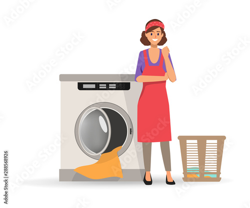 Housewife woman washing clothes with laundry cleaning machine.