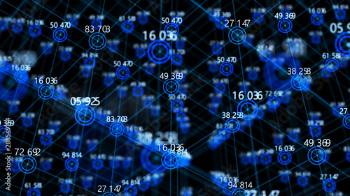 Network of connected dots and lines. Big data visualization. Wave of bright particles. Futuristic infographic. Abstract digital background. Grid illustration. Block chain concept. 3d rendering.