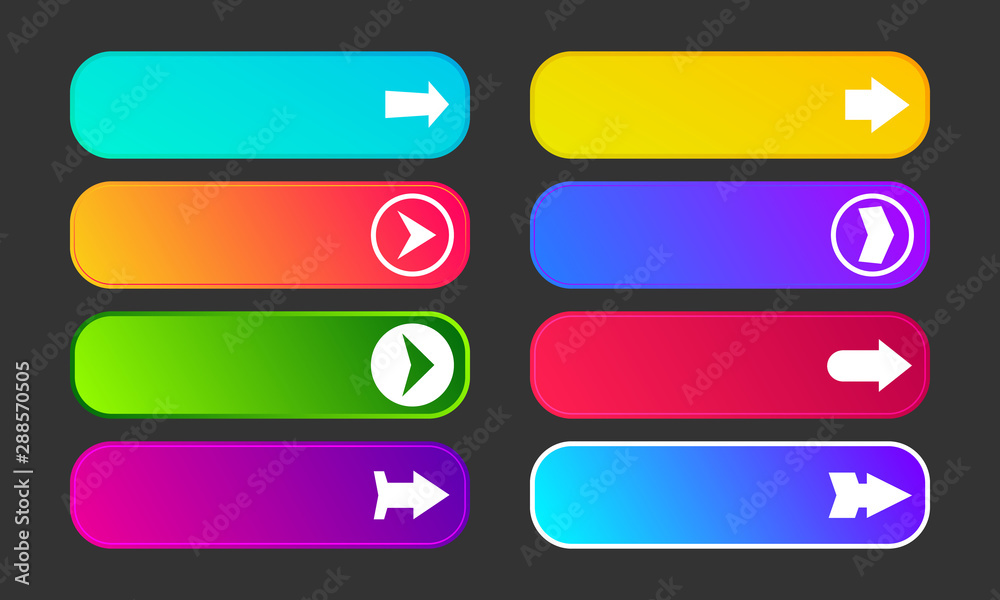 Set of eight modern gradient buttons with arrows Set of eight modern gradient buttons with arrows