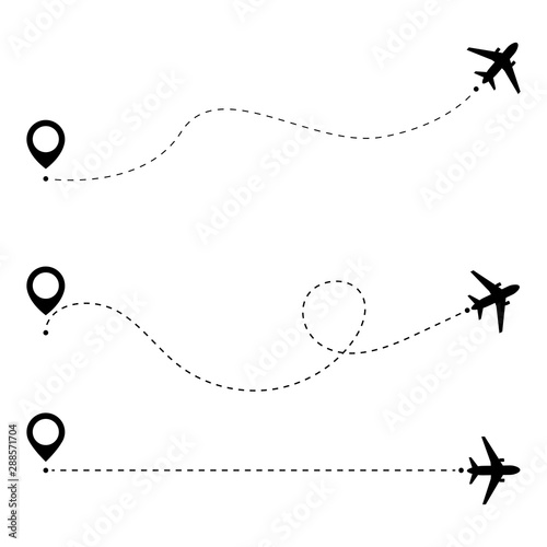 Airplane line path route. Airplane travel concept with map pins, GPS points. Aircraft route dotted lines. Aircrafts and map pointer symbols vector illustration