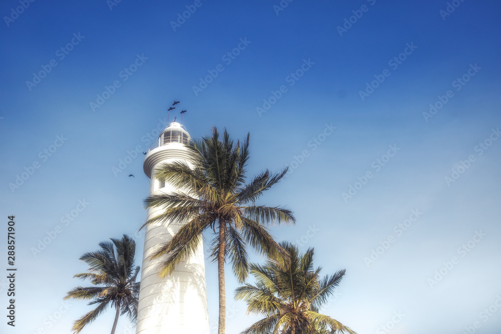 Lighthouse with clear blue sky and palm trees in Sri-Lanka tourism port city Galle with colonial architecture 
