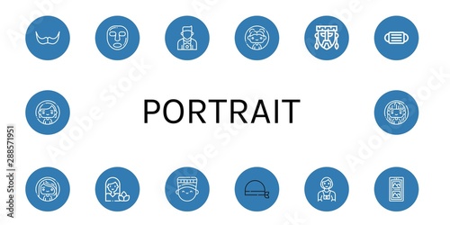Set of portrait icons such as Moustache, Facial mask, Photographer, Woman, Mask, Nefertiti, Bandana, Gallery , portrait