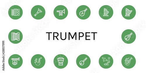 Set of trumpet icons such as Accordion, Trumpet, Lute, Harp, Saxophone, Bongo, Banjo, Gramophone, Double bass , trumpet