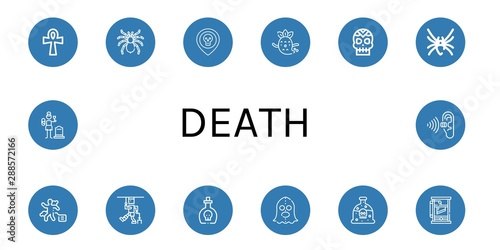 Set of death icons such as Ankh, Tarantula, Skull, Ghost, Black widow, Crime scene, Injury, Poison, Executioner, Guillotine, Widow, Pollution , death