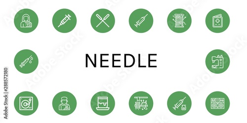 Set of needle icons such as Tailor, Syringe, Acupuncture, Thread, Vaccination, Turntable, Shoemaker, Handicrafts, Sewing, Sewing machine , needle