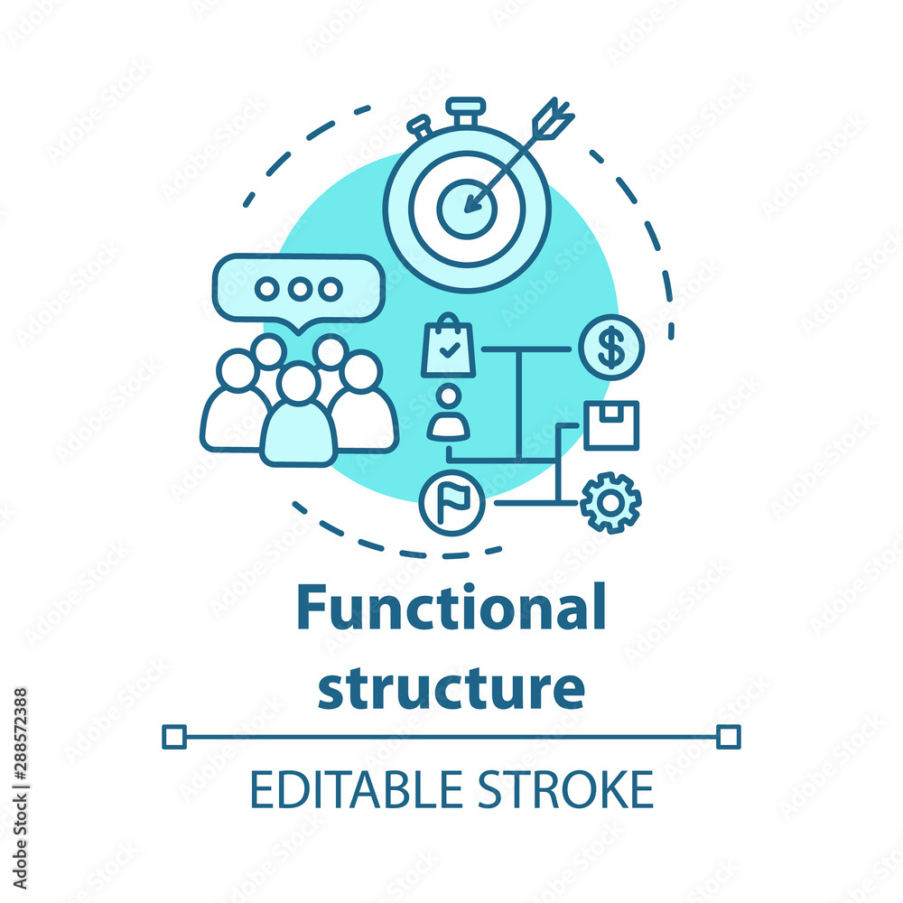 Functional corporate structure concept icon. Business strategy idea thin line illustration. Management and workflow organization. Marketing campaign. Vector isolated outline drawing. Editable stroke Functional corporate structure concept icon. Business strategy idea thin line illustration. Management and workflow organization. Marketing campaign. Vector isolated outline drawing. Editable stroke