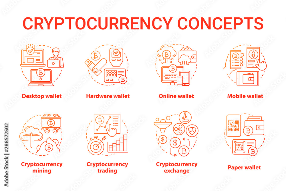 Cryptocurrency red concept icons set. Digital asset idea thin line illustrations. Desktop, hardware wallet. Financial transaction. Bitcoin exchange. Vector isolated outline drawings
