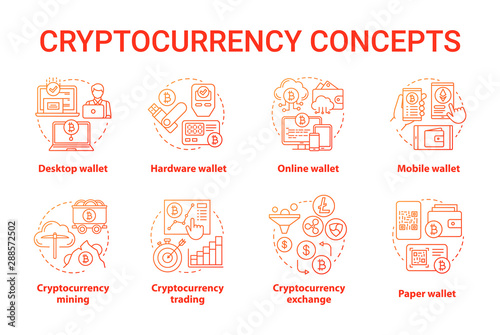Cryptocurrency red concept icons set. Digital asset idea thin line illustrations. Desktop, hardware wallet. Financial transaction. Bitcoin exchange. Vector isolated outline drawings
