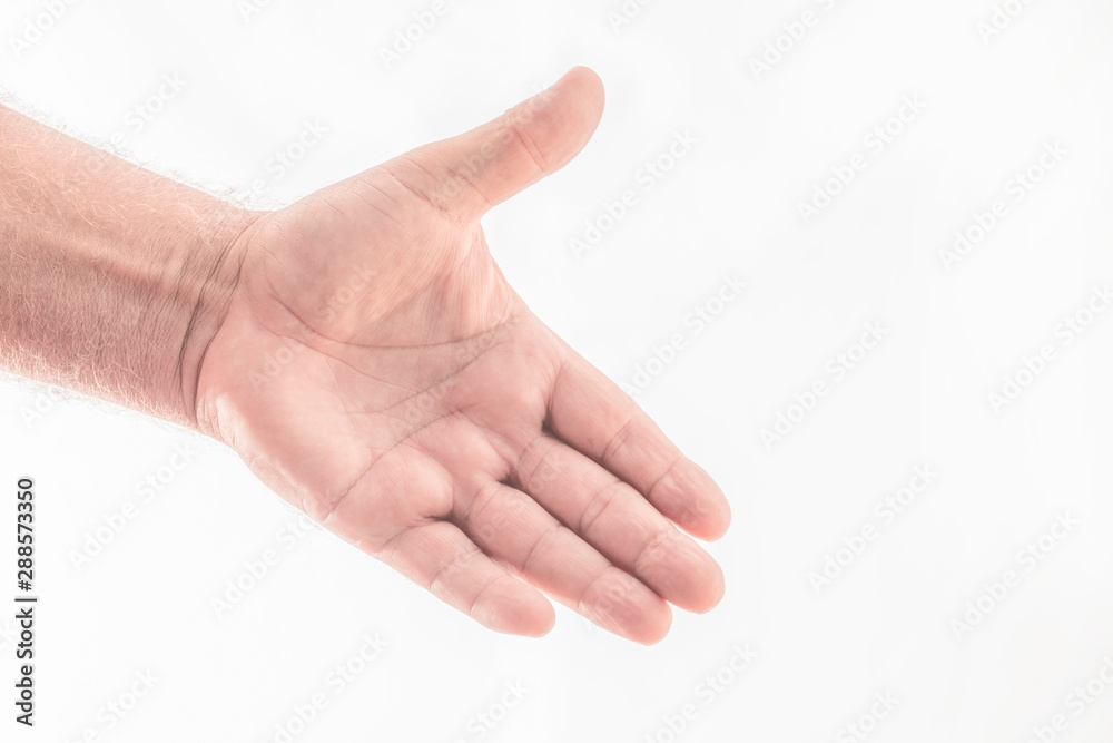 Man's hand narrowing in the form of a greeting on a white background. Space to write.