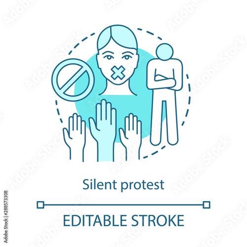 Silent protest concept icon. Civil disobedience, nonviolent resistance idea thin line illustration. Raised hands, stop sign, activist with taped mouth vector isolated outline drawing. Editable stroke