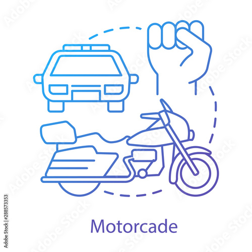 Motorcade concept icon. Vehicles procession idea thin line illustration. Police car, motorcycle and fist vector isolated outline drawing. Political transport, security cortege. Presidential escort