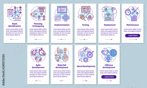 Software development stages and methodologies onboarding mobile app page screen set with linear concepts. Walkthrough steps graphic instructions. UX, UI, GUI vector template with illustrations