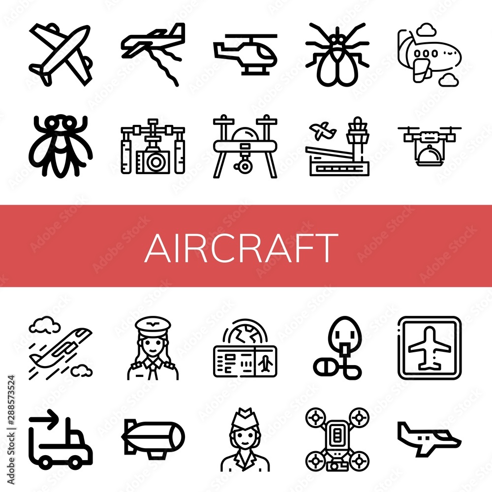 Set of aircraft icons such as Airplane, Fly, Plane, Gimbal, Helicopter, Drone, Airport, Sending, Pilot, Zeppelin, Boarding pass, Air hostess, Oxygen mask, Small plane , aircraft