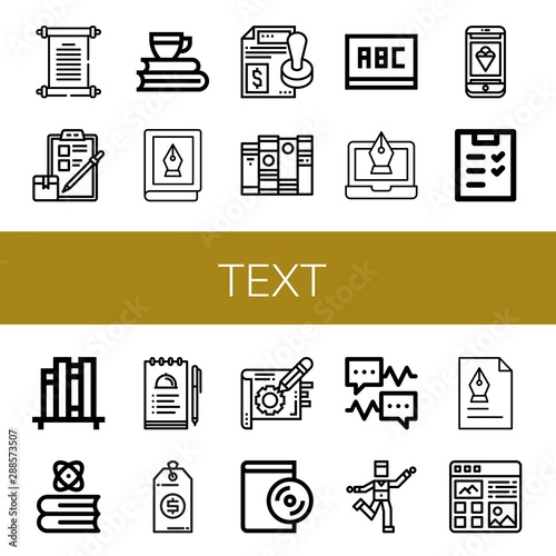 Set of text icons such as Papyrus, Checklist, Books, Book, Contract, Blackboard, Fountain pen, Phone, Book shelf, Notes, Price tag, Note, Audiobook, Speech bubble, Zumba , text
