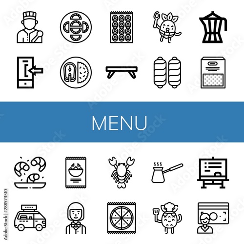 Set of menu icons such as Chef, Login, Dumpling, Fish, Bagel, Breakfast tray, Eating, Sausage, Coffee maker, Semolina, Shrimp, Fast food, Nachos, Waiter, Lobster, Pizza , menu