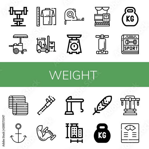 Set of weight icons such as Gym, Hot dog, Measure, Forklift, Measuring tape, Scale, Slimming belt, Abdominal bench, Kettlebell, Sport, Mattress, Anchor, Dumbbell, Crane , weight