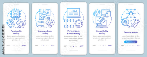 Software testing onboarding mobile app page screen vector template. Computer program development. Walkthrough website steps with linear illustrations. UX, UI, GUI smartphone interface concept
