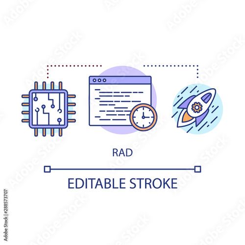 RAD concept icon. Rapid application development. Short term project. Deadline IT product launch idea thin line illustration. Website speed optimization vector isolated outline drawing. Editable stroke