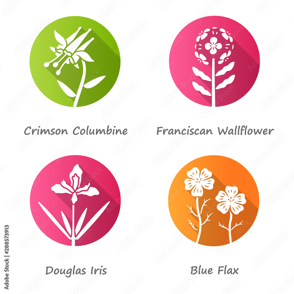 Wild flowers flat design long shadow glyph icons set. Crimson columbine, franciscan wallflower, douglas iris, blue flax. Weed, wildflowers with name inscription. Vector silhouette illustration Wild flowers flat design long shadow glyph icons set. Crimson columbine, franciscan wallflower, douglas iris, blue flax. Weed, wildflowers with name inscription. Vector silhouette illustration