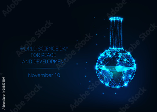 World science day for peace and development banner with laboratory beaker and earth map.