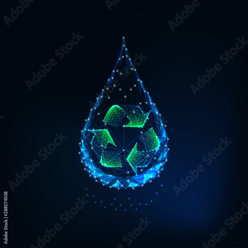 Futuristic glowing low poly water drop with recycle sign inside isolated on dark blue background.