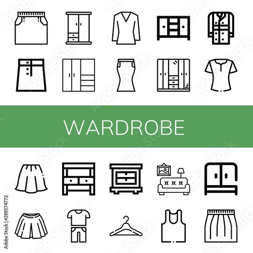 Set of wardrobe icons such as Skirt, Wardrobe, Closet, Blouse, Trench coat, Potting bench, Casual, Hanger, Living room, Undershirt , wardrobe