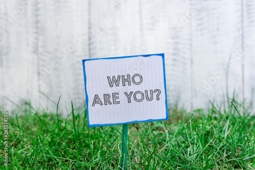 Handwriting text Who Are You Question. Conceptual photo asking about its identity or demonstratingal information Plain empty paper attached to a stick and placed in the green grassy land