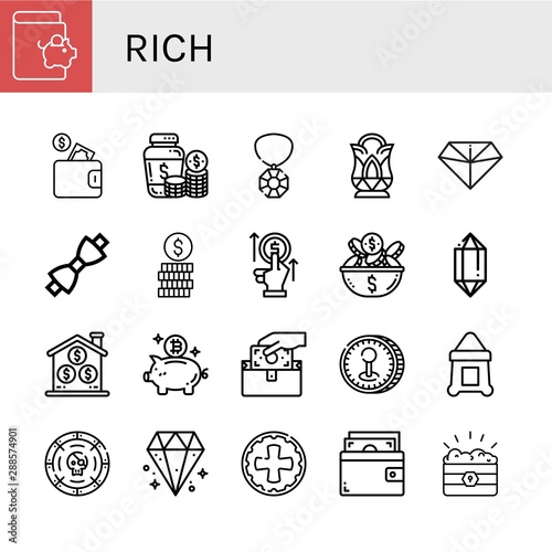 Set of rich icons such as Savings, Wallet, Money jar, Gem, Crystal, Diamond, Bow tie, Coin, Bet, Piggy bank, Sack, Treasure , rich