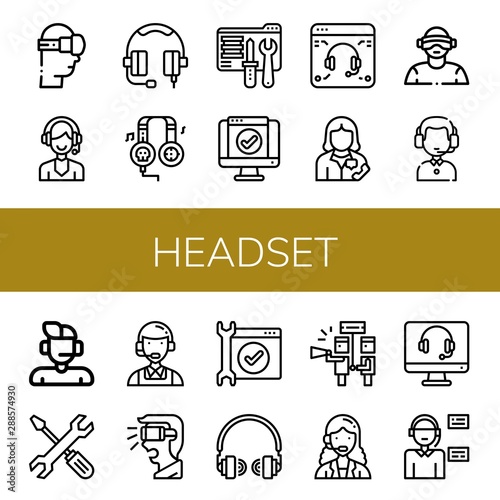 Set of headset icons such as Virtual reality, Support, Headphone, Headphones, Tech support, Service, Secretary, Customer service agent, Technical Support, Customer service , headset