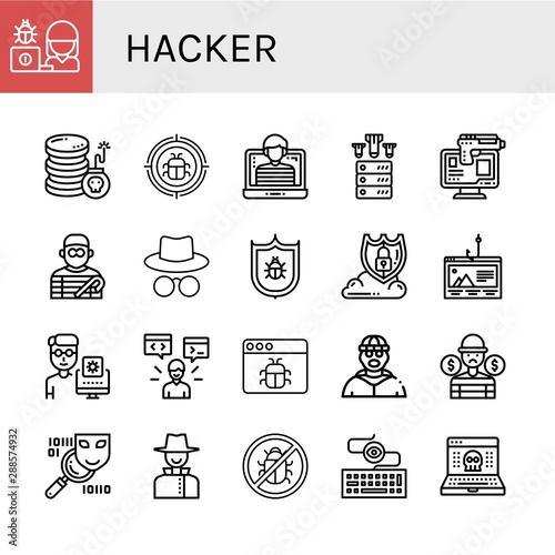 Set of hacker icons such as Hacker, Cyber attack, Malware, Ddos, Online robbery, Burglar, Antivirus, Data protection, Phishing, Programmer, Thief, Spyware, Detective , hacker