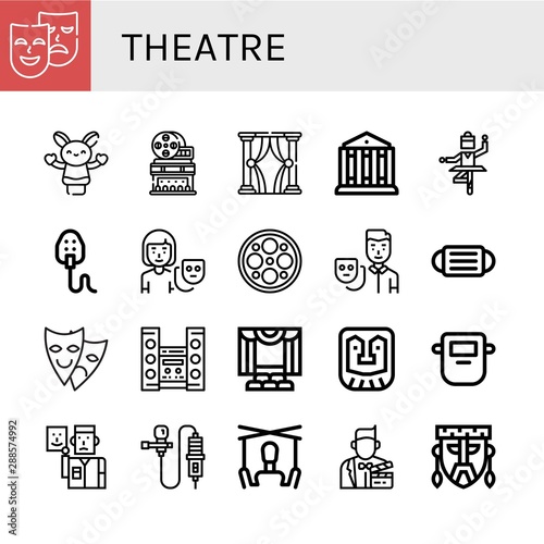 Set of theatre icons such as Masks, Hand puppet, Movie theater, Theatre, Ballet, Mask, Actor, Surgery lamp, Theater, Home theater, Lavalier, Puppet , theatre