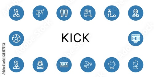 Set of kick icons such as Judo, Capoeira, Shin, Scooter, Ball, Taekwondo, Wushu, Muay thai, Scoreboard, Pool kickboard, Soccer player, Soccer ball , kick