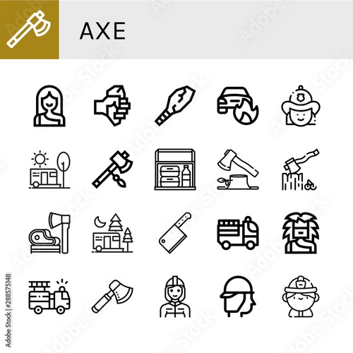 Set of axe icons such as Axe, Troglodyte, Weapon, Car on fire, Firefighter, Camping, Thermo bag, Deforestation, Ax, Cleaver, Fire truck , axe