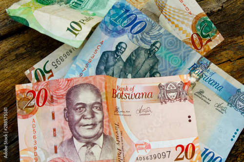 South african countries banknotes and coins for background. Botswana pula