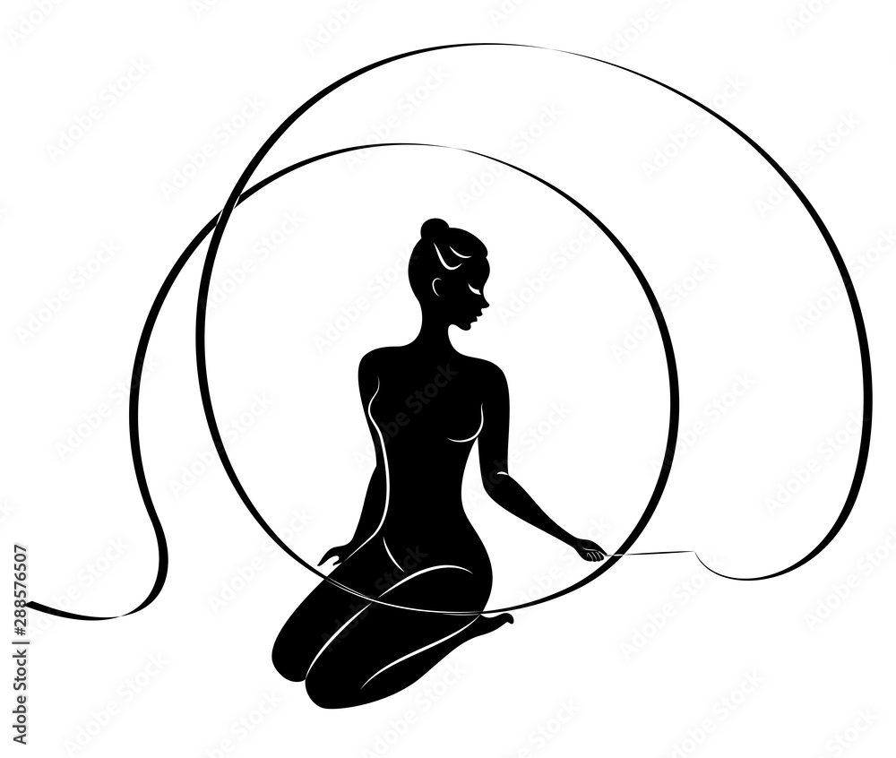 Rhythmic gymnastics. Silhouette of a girl with a ribbon. Beautiful gymnast. The woman is slim and young. Vector illustration. Rhythmic gymnastics. Silhouette of a girl with a ribbon. Beautiful gymnast. The woman is slim and young. Vector illustration.