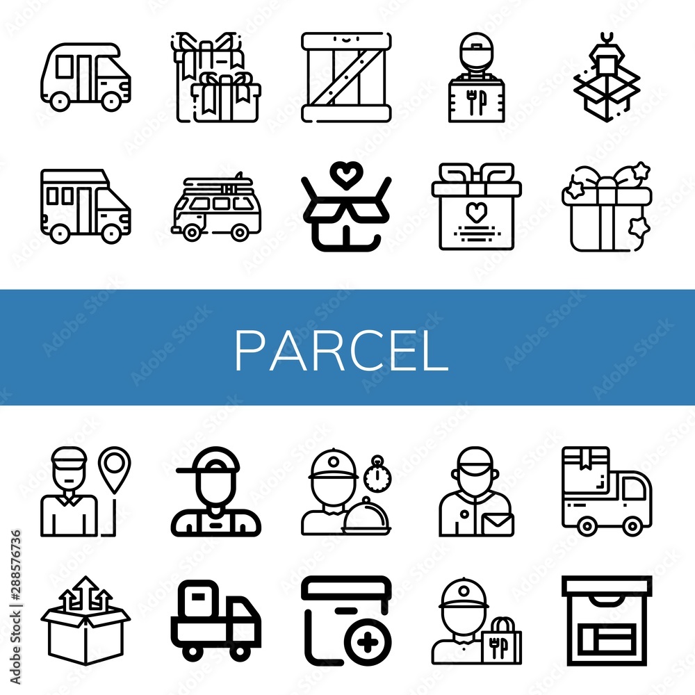 Set of parcel icons such as Van, Wedding gift, Box, Gift, Delivery guy, Packaging, Delivery man, Delivery boy, truck, Add package, Postman , parcel