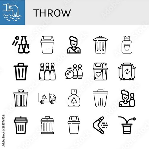 Set of throw icons such as Waste  Bottle throw  Bin  Judo  Trash  Rubbish  Bowling  Bowling pins  Garbage  Trash bin  Garbage bin  Boomerang  Beer pong   throw