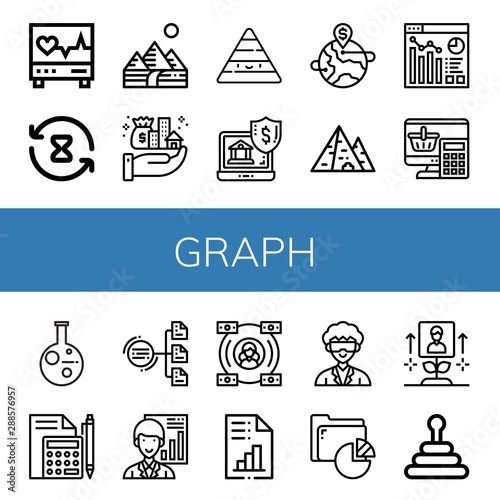 Set of graph icons such as Electrocardiogram, Processing time, Pyramids, Assets, Pyramid, Online banking, Money, Analytics, Calculator, Research, Diagram, Analyst, Economy , graph