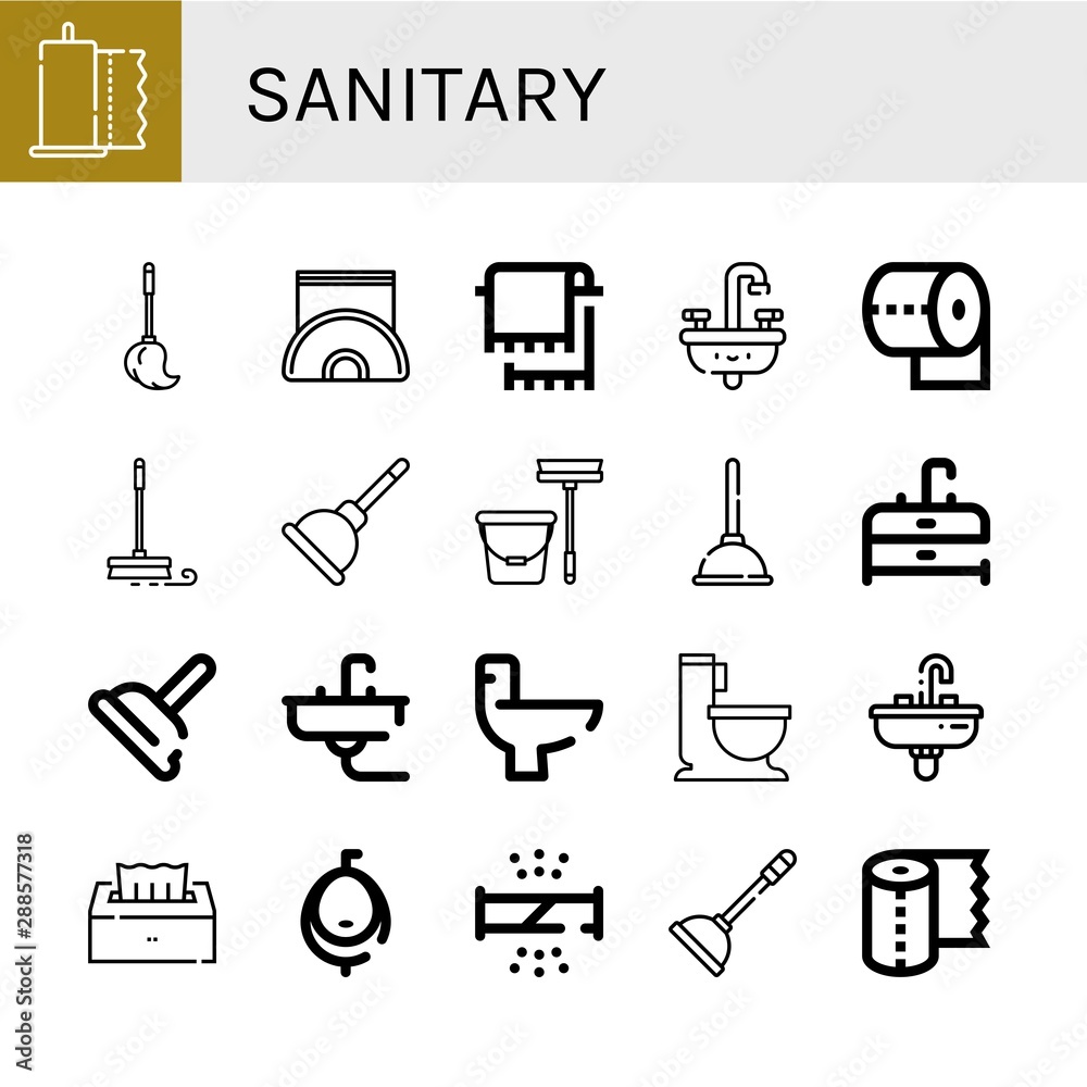 Obraz premium Set of sanitary icons such as Paper towel, Mop, Napkin holder, Towel, Sink, Toilet paper, Plunger, Wc, Tissue, Urinal, Broken pipe , sanitary