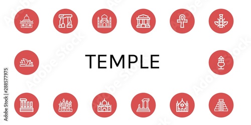Set of temple icons such as Temple, Dolmen, Taj mahal, Parthenon, Ankh, Faravahar, Evora, Cathedral of saint basil, Synagogue, Mayan pyramid, Sydney opera house, Mai thai , temple