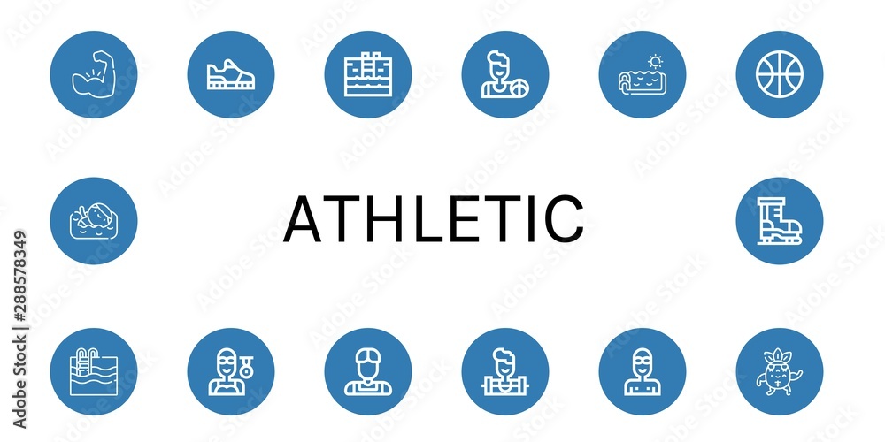 Set of athletic icons such as Muscle, Running shoes, Swimming pool, Basketball, Swimmer, Athlete, Weighlifter, Strong, Ice skate , athletic Set of athletic icons such as Muscle, Running shoes, Swimming pool, Basketball, Swimmer, Athlete, Weighlifter, Strong, Ice skate , athletic