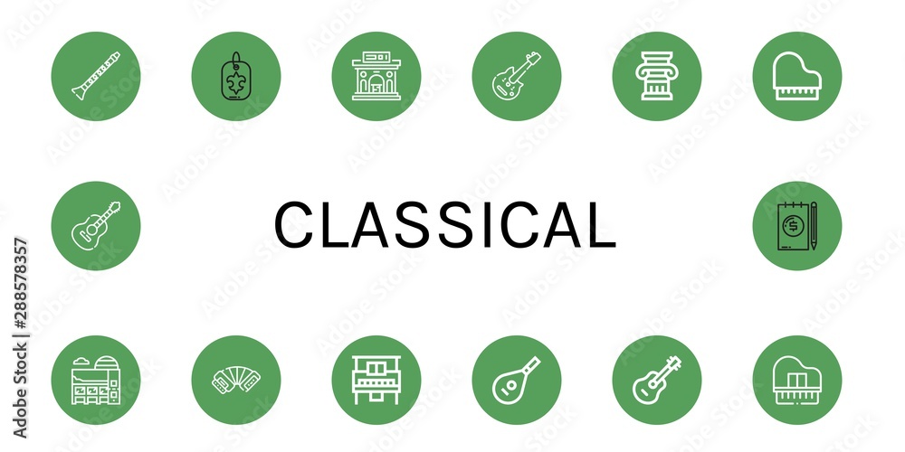 Set of classical icons such as Clarinet, Fleur de lis, Museum, Electric guitar, Column, Piano, Accordion, Lute, Guitar, Note , classical Set of classical icons such as Clarinet, Fleur de lis, Museum, Electric guitar, Column, Piano, Accordion, Lute, Guitar, Note , classical